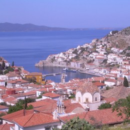 The ampitheater of Hydra Town cascading to the Por