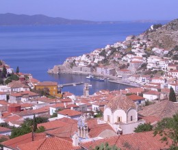 The ampitheater of Hydra Town cascading to the Por
