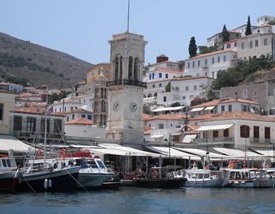 Hydra's cathedral is located behind the marble clock tower in the harbor.